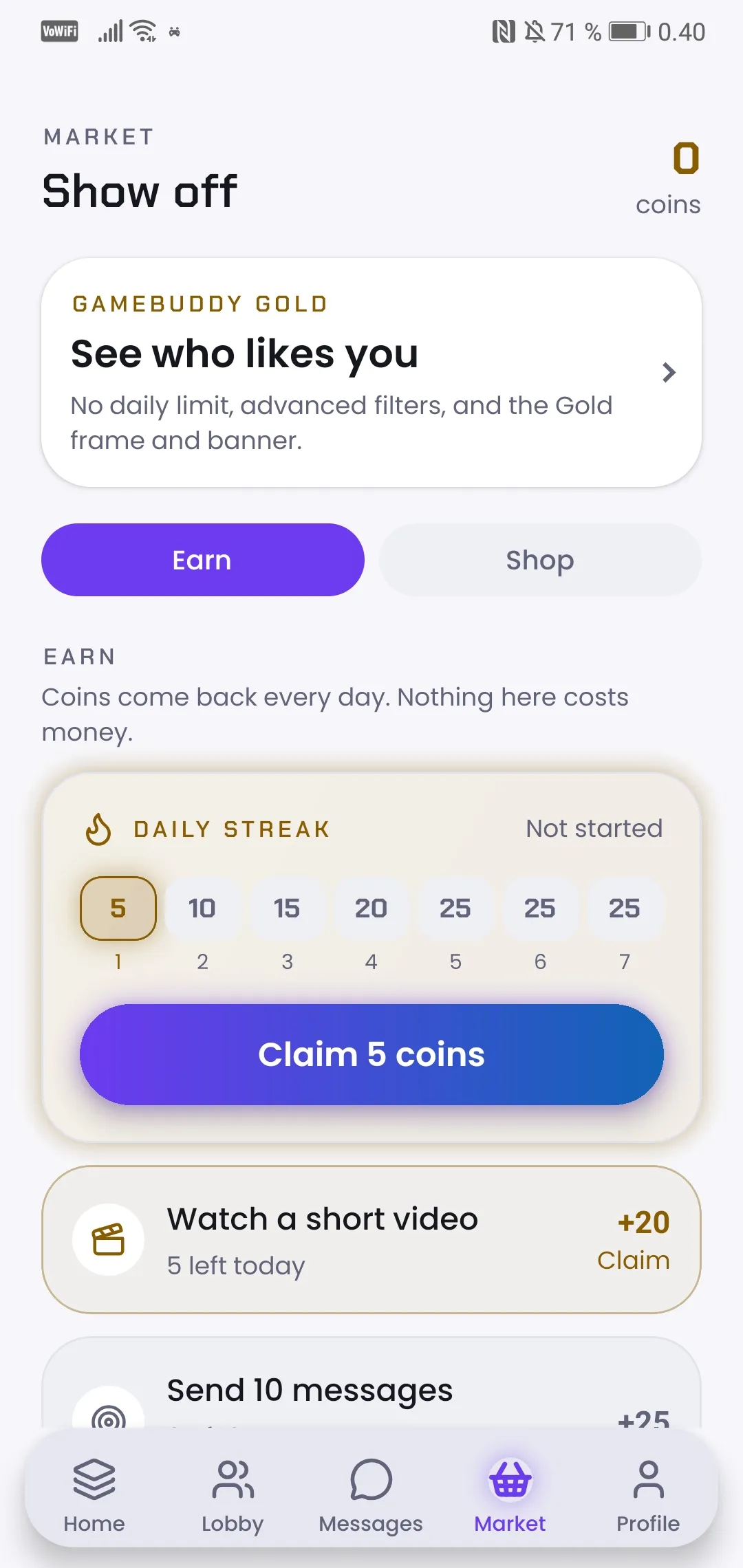 The GameBuddy market, where coins buy profile frames and banners